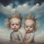 Placeholder: Surreal painting of 2 female toddlers, , strange crown, , the sky in the background