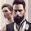 Placeholder: 8K, a Highly detailed stunning portrait of Dom man, a white suit, beard, and short hair, with a submissive woman