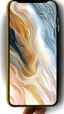 Placeholder: Create a visually striking iPhone wallpaper that blends abstract and natural elements. The scene should feature a vibrant, flowing mix of swirling colors and geometric patterns, with soft gradients transitioning into organic shapes like flowing water or clouds. Incorporate splashes of metallic gold or silver accents that catch the light, creating a dynamic yet serene composition. The overall aesthetic should evoke creativity, calmness, and elegance, with a modern, painterly feel.