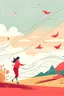 Placeholder: Design a dynamic line art scene with a lady flying kite in a spring sky