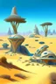 Placeholder: alien buildings, in the desert, surrounded by acacia trees, dunes, pathways, lake, roads, mountains, blue sky