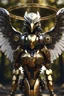 Placeholder: Facing eagle cyborg straddle wings, detailed, intricate, mechanical, gears cogs cables wires circuits, gold silver chrome copper, blurred woodland background, shallow depth of focus, render, cgi, ray-tracing