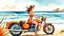 Placeholder: A captivating watercolor illustration of a gorgeous woman in a vibrant bikini, lounging next to a vintage motorcycle on a sun-kissed beach. The motorcycle has a classic, vintage design and adds a touch of nostalgia to the scene. The woman's relaxed pose and the waves gently lapping at the shore create a serene atmosphere. The sky is awash in vibrant hues of oranges, purples, and reds, reflecting the warm glow of the setting sun. Tall, swaying palm trees frame the scene, adding to the tropical pa