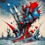 Placeholder: Bankruptcy of creative destruction, asymmetrical surrealism, dramatic distressing, by Gerald Scarfe, by Yves Tanguy, color splash, splash art, red and blue dual color scheme, zero sum game.