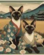Placeholder: Two sister Oriental shorthair Siamese chocolate point cats" Asakusa Ricefields, Japanese Art Poster, in the style of Utagawa Hiroshige