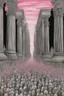 Placeholder: columns of gray men on the march toward sterility and self destruction; optical art; black and white ink wash with 50 shades of pink