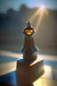 Placeholder: superman chess piece buildt of by yellow stones misty trending, depth of field, backlit, in hexagon valley