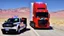 Placeholder: A police Tesla Cybertruck is chasing a Tesla 'Model S Plaid' at top speed, at the 'Lake Mead', in Nevada. CINEMATIC. WIDE ANGLE LENS.