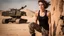 Placeholder: beautiful slender caucasian female technician, black tank top, well toned muscles, weathered face, scratched sand camo metal details, short brunette wavy bob haircut, dystopian, desert scene, bloody wounds, explosions in background, wounded by gunfire