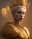 Placeholder: Statue of Queen of photography. Cute blonde woman. Photographer in golden crown. Standing on the street. Big camera in her hand. hyperdetailed, photorealistic, trending on artstation, greg rutkowski, beksinski, kodachrome, lomography, golden hour, bokeh, volumetric light