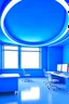 Placeholder: The office desks room is hung on the walls in an oval shape, the color of the walls is blue, the floor is white, and the shape of the offices is curved