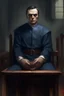 Placeholder: A priest they but a fabric on his eye so he can not see and his arms are Handcuffed. looks miserable with bruises on his face like he has been beating sitting on a broken chair in a prison with dem light and dark prison environments , Busch painting style , sureal
