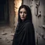 Placeholder: Hyper Realistic Young-Beautiful-Pashto-Woman-With-Beautiful-Eyes in black shawl peeking-half-faced behind a cracked-wall at night with dramatic & cinematic ambiance