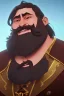 Placeholder: Medieval Fantasy Bearded strong man wearing a thick fur-lined merchant's coat, wearing gold rings, divine, halo, happy smiling, portrait, high definition, realistic, long hair, dynamic lighting, volumetric lighting, mustache, blond, arcane, wise, ambient occlusion, volumetric lighting