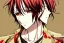 Placeholder: Detailed pretty anime boy, brown hair with blonde strips, keep head in frame, headshot, glaring, brown eyes, covered in bandages, looking serious, illustration, digital painting, only one character, color scheme red, wearing many bandages, Osamu Dazai inspired, anime inspired, manga, dazai, red hair, Chuuya, pretty, scruffy, angry, brooding, manga inspired, small nose, long lower eyelashes, handsome, one character, headshot, glaring, cute, wearing a bandage on neck, small nose, scruffy hair