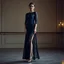 Placeholder: Full-body fashion editorial photograph of an elegant and beautiful woman. She is wearing a sophisticated, delicate dark cyan lace evening gown with modest coverage and matching high heels. Captured in a high-end luxury ballet stage setting with soft, dramatic studio lighting that highlights the texture of the lace. Graceful posture, professional model pose, realistic skin textures, cinematic atmosphere, haute couture style in a luxury stage.