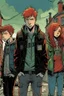 Placeholder: First plan: three 13-15-year-old detectives - two brothers with red hair. One is tall and skinny, second is chubby and a girl with a punk look, dark clouds and brown hair, strong make-up with the black cat. Second plan: a group of teenagers turned into computer-addicted zombies. Everything is located in an old town.