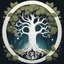 Placeholder: a large white tree in front, near laughing half moon, fantasy logo, surrounded frame of leaves