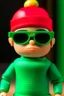 Placeholder: A yung caucasian shaved man with huge black sun glasses wearing a green winter hat, and a red t-shirt. Toy.