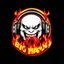 Placeholder: A logo for a rock band inspired by the styles of Ed "Big Daddy" Roth, graffiti art. sinister, evil marshmallow head caricature with headphones breathing red flames. The background is dark.