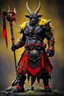 Placeholder: a Monster. who is big and has patch work scaling for skin. and horns. he is also wearing a Scottish clan kilt that's yellow black and red.