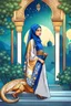 Placeholder: A beautiful Arab girl. Decorated silk fabric. And riding on the back of a dragon Strong ornate. Starry sky. Trees and waterfalls. And ornate mosques. And future Islamic buildings