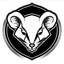 Placeholder: dead mouse's face logo on a triangular shield shape, vector(black white and gray)