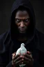 Placeholder: Portrait of a dark evil brown skin male hooded Cary with both hands a white dove in front