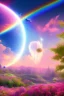 Placeholder: digital illustration, a world full of life divine thrill of biological tranquil sky, flowers, spaceship, bright color splashes, high detailed 8 k,ufo rainbow