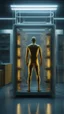 Placeholder: Sleeper in tube cabinet made of glass filled to the top with honey coloured liquid , in a laboratory inside it a half alien and a half human creature body standing vertically inside , connected with wires and electrical wires , the human standing in side, a high tech equipment in the background ,4K, cinematic, high resolution