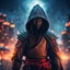 Placeholder: hooded samurai ready for battle, covered with glowing crystals, fire particles in air, destoryed city in background, night, bright colors, glowing sparkle particles, dark tone, sharp focus, high contrast, 8k, incredible depth, depth of field, dramatic lighting, beautifully intricate details, clean environment, epic dynamic scene