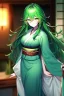 Placeholder: girl, masterpiece, best quality, cinematic lighting, detailed outfit, vibrant colors, perfect eyes, green eyes, long hair, green hair, messy hair, hair between eyes, indoors, depth of field, ray tracing, kimono,