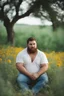 Placeholder: full figure photography, shy muscular big fat chubby, 35mm lens, burly italian man short hair, 27 years old sitting in the meadow with a flower in a hand, near a big farm , red short beard, , hairy armpits, manly armpits, ugly, manly chest, hairy chest, big shoulders, , huge belly, manly chest, shirtless, with boxer, emotive eyes looking at camera, photorealistic , dim side light, ambient occlusion, side view, poetic composition, golden ratio