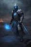 Placeholder: photorealistic Ancient undead psi-warrior knight commander wearing fullplate being surounded by blue aura wandering the wasteland