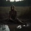 Placeholder: Beautiful female stringy dirty model partially covered with mud is sitting in the mud in a swampy moor, golden hour, an eerie apparition with a wolf appearing in the background, Highly detailed Portrait, 4k, 35mm, professional photography, natural light