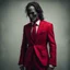 Placeholder: a sinister figure wearing a red suit with a red tie with no face and dirty hair