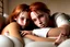 Placeholder: digital art of beautiful auburn hair teenage laracroft girls with grandpa in a bed, hugging grandpa bare lips