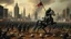 Placeholder: detalied cyberpunk interpretation of Bruegel's "The Triumph of Death", capturing the symbolic "harvest" of humanity with terror. dystopian metropolis under smog sky, cybernetic soliders reapers are executing physical harvest and many humans citizens killed army of cyberwarrior and robotic soliders, many panicking and run away people ,many human bodies lying on the ground. a cyber-death warrior in black hood with futuristic gun on an mechanical robotic horse, thriller, cinematic