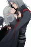 Placeholder: Couple from dnd kissing, woman with white hair wearing a dress, man with long black hair tunic and red cloak.