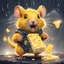 Placeholder: Bright yellow chunky rodent with a lightning tail and lightning cheeks gnawing on cheese and thunderbolts rain down around it, in card art style