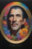 Placeholder: Count Dracula's face inside a small gold circle, Lenna Nimoy, multicolored, large, Floral/rainbow designs, atmospheric, beautiful, bright, vibrant colors, pitch-black background, oil painting by Boris Vallejo, 4k UHD, Photorealistic, professional quality