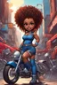 Placeholder: comic book art illustration of the chibi cartoon character, a voluptuous black female in a blue jean outfit with biker boots. Her prominent makeup and hazel eyes, along with her detailed red curly tight afro, are featured in this image, set against the background of a lively bike show.