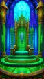 Placeholder: masterpiece, best quality, (Emperor of Emerald Kingdom:1.5), mixed media masterpiece, ink, oils, acrylics, fantasy medieval emerald castle interior, contrasting purple glowing ornamentation against green, intricate emerald stone walls with vibrant accents, majestic throne room, supernatural glow, emperor adorned in ornate armor with glowing orange and purple details, tapestries and artifacts enriched with vivid highlights, blending the meticulous geometry of Leonardo da Vinci with the fantastica