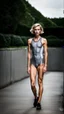 Placeholder: beautiful anorexic woman, total shot, short shiny grey triathlon swimsuit, short blond wavy bob hair, blurred concrete background