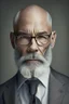 Placeholder: realistic photo portrait of a cocasian middle age bald man, short trimmed silver-gray beard, wearing glasees and black suit