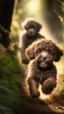 Placeholder: extreme close up photography of two cute puppy lagotto romagnolo happy dogs in a wood , running looking for truffles , in Tuscany Italy , photorealistic, backlight, 35mm lens