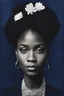 Placeholder: An extremely formal, funeral program written in French for a black woman (include a front photograph of a beautiful lightly tanned biracial black woman) on darkest blue deeply pigmented velvet paper with brilliant, brightest heavy bright shining platinum calligraphy fonts, simple, minimalistic, less element, very dramatic lighting, very detailed, 3d effect,