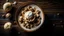 Placeholder: Top view of vanilla ice cream with caramel syrup and walnuts on a plate on wooden background with text for copy space