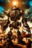 Placeholder: steampunk warrior robot with a big, complicated and detailed mechanical sword fighting in a battlefield with steampunk ships and planes in the background. Masterpiece, hyper detailed, details, battlefield, dramatic, dramatic lighting