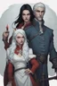 Placeholder: A couple, from the dnd game curse of Strahd. The woman has long white hair and blue eyes, the man has LONG BLACK hair and red eyes, no facial hair. He is standing protectively behind her.